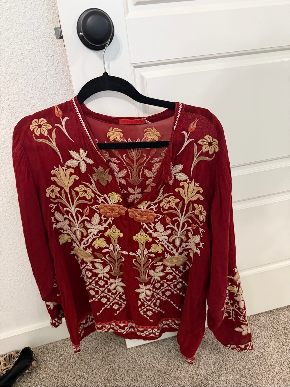 Johnny Was Embroidered V-Neck Women's Top in Deep Red